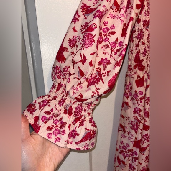 Victoria Dunn Songbird Smocked Floral Block Print Off Shoulder Midi M Cotton - Picture 5 of 6